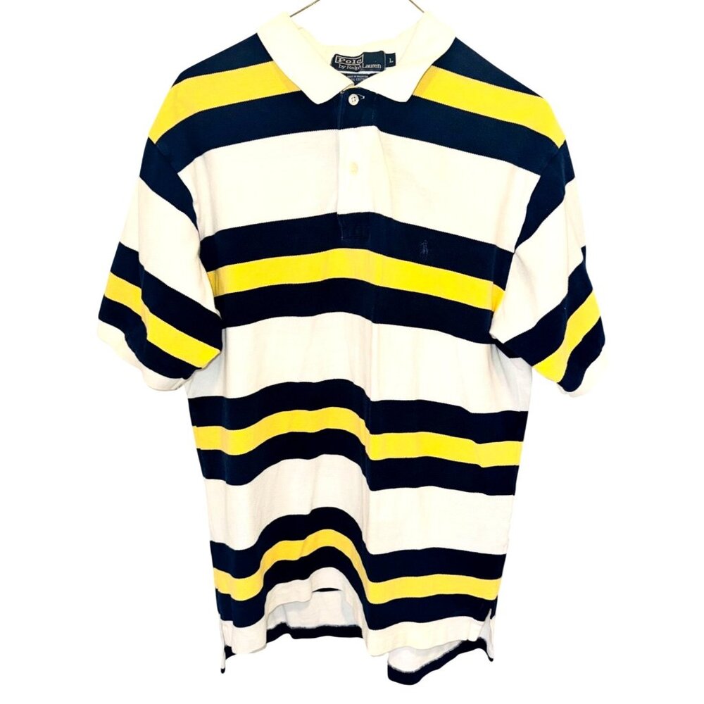 VTG Polo Ralph Lauren 90 Men L Striped Rugby Polo Shirt Yellow/Blue/White Cotton
